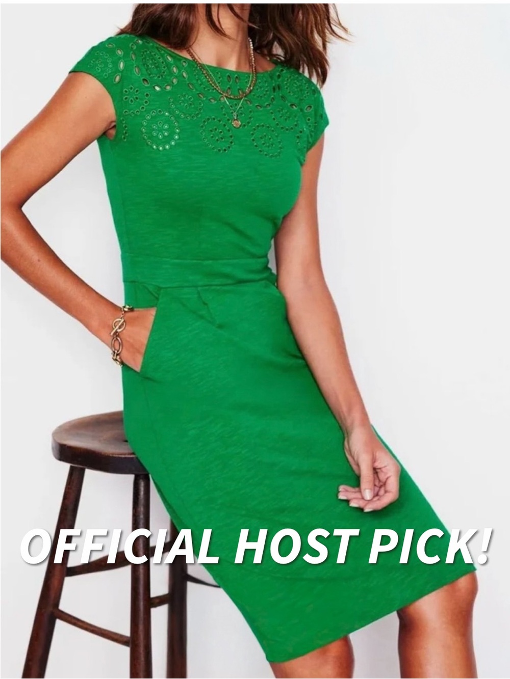 Boden NEW Green Florrie Broderie Jersey Dress 4L Eyelet Pockets NWOT Womens Bold